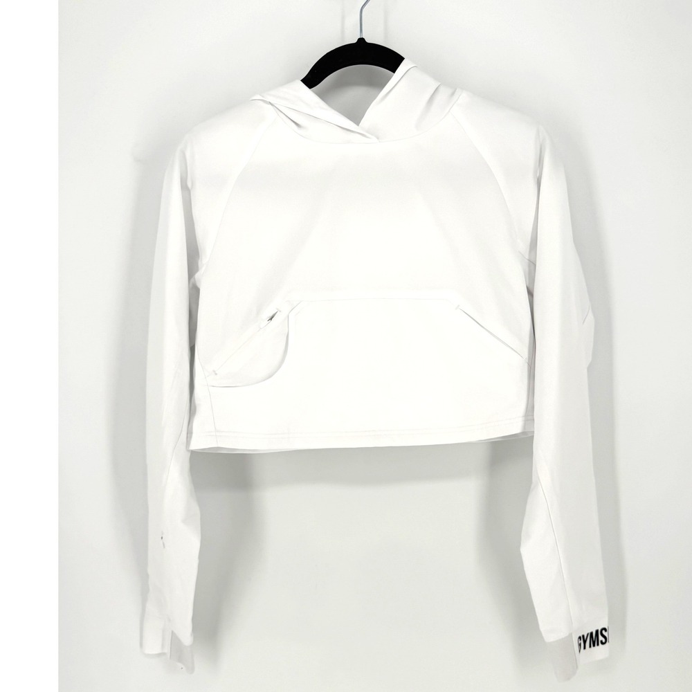 Gymshark Hoodie Windbreaker Cropped Oversized XS White Logo Pouch Pocket Active